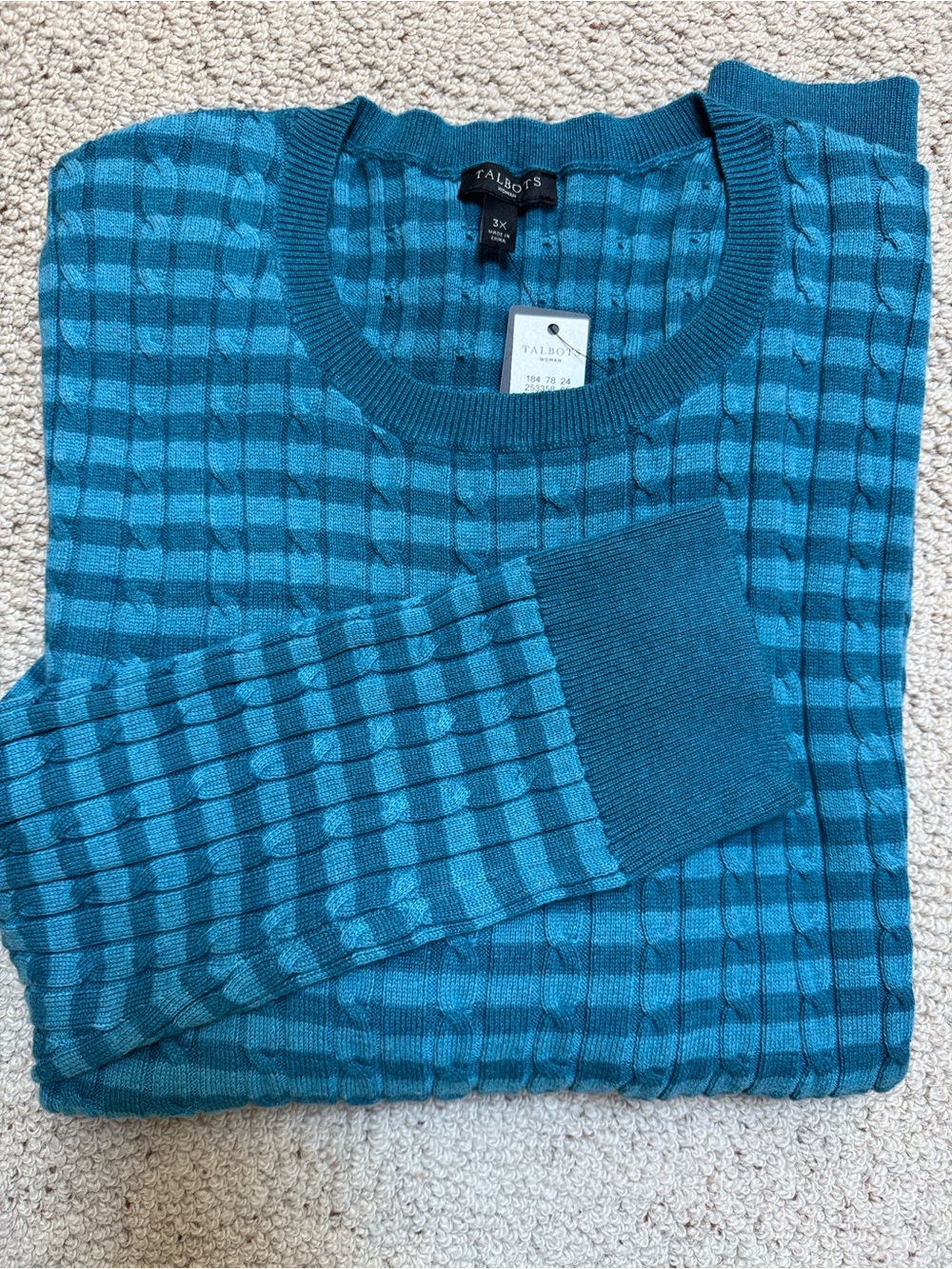 Talbots Women’s Teal Blue Striped Crewneck Sweater